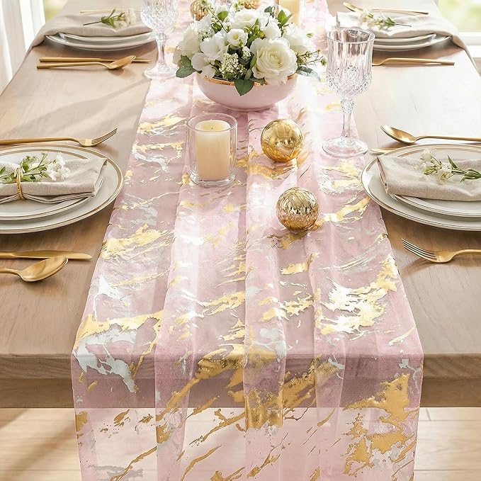 Artoid Mode Marble Pattern Pink Gauze Table Runner 10FT, Glitter Metallic Foil - Image 4