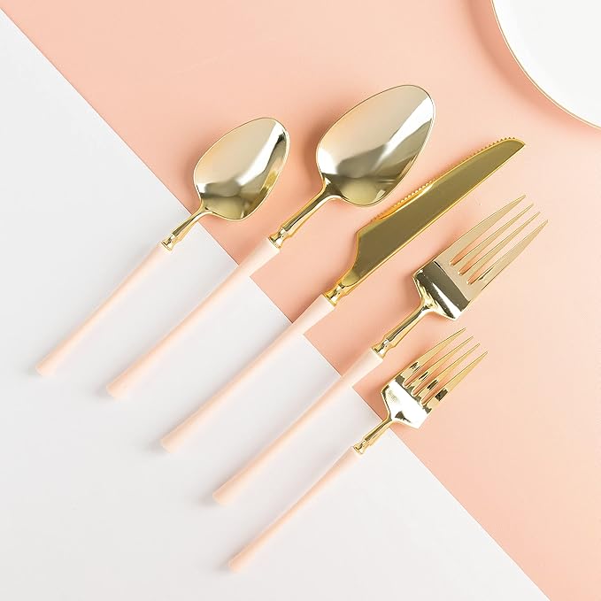 PlasticPro 20 Count Gold and Pink Plastic Dinner Forks Premium Quality Heavy Duty Disposable Elegant Silverware Two Tone Forks for Party