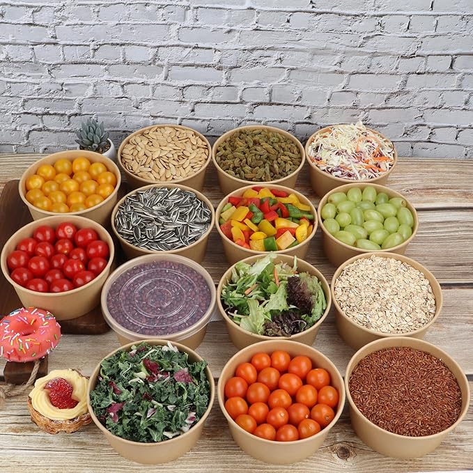 24 oz Disposable Kraft paper bowls with lids, Food containers Soup Bowls Party Supplies Treat Bowls 50 Pack