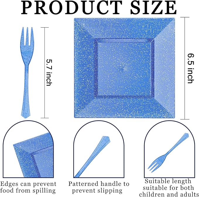 DaYammi 200Pcs Blue Dessert Plates with Forks- Small Disposable Dessert Plates- Serve 100 Guests include 100 Cake plates 6",100 Plastic Forks 5.7" for Party,Disposable Appetizer plates for Wedding