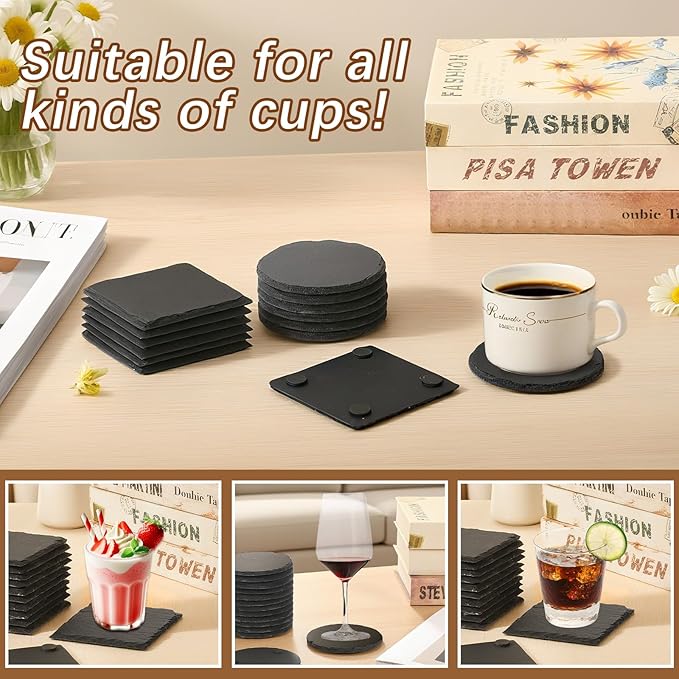 12pcs Slate Coasters, Black 4 Inch Bulk Blank Rock Coasters Blank Laser Engraving, Hand Painted DIY, Scratch Resistant Bottom (6*Square+6*Round)