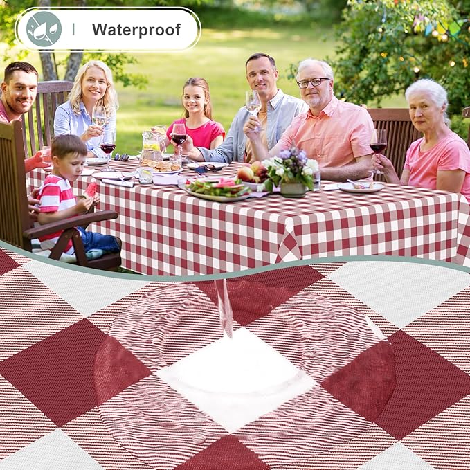 misaya Rectangle Waterproof Vinyl Table Cloth, Buffalo Flannel Backed Tablecloth, Wipeable Plastic Table Cover for Valentine's Day, Dinner, Kitchen, Outdoor (60" x 84", Burgundy and White)
