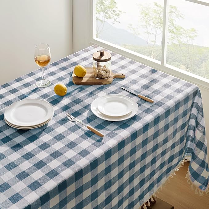 Softalker Checkered Tablecloth Square, Outdoor Linen Cotton Gingham Table Cloth with Tassel, Heavy Duty Wrinkle Free Buffalo Plaid Table Cover for Kitchen Dining Home Party - 55 x 55 Inch, Navy