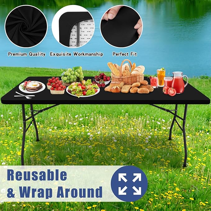 Spandex 4 Foot Rectangle Table Cloth 2 Pack, Elastic Fitted Tablecloths for Picnic, Stretch Washable Patio Table Cover for Outdoor, Camping, Banquet and Parties (Black, 24"x48")