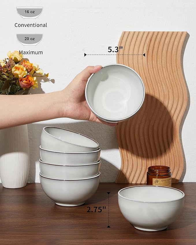 5.3" Cereal Bowls & Dessert Bowls Set of 6-20 Oz Small Bowls for Kitchen-Ceramic Bowl for Cereal, Soup, Oatmeal, Salad, Ramen, Noodle, Rice, Yogurt-Dishwasher & Microwave Safe, Moonstone White