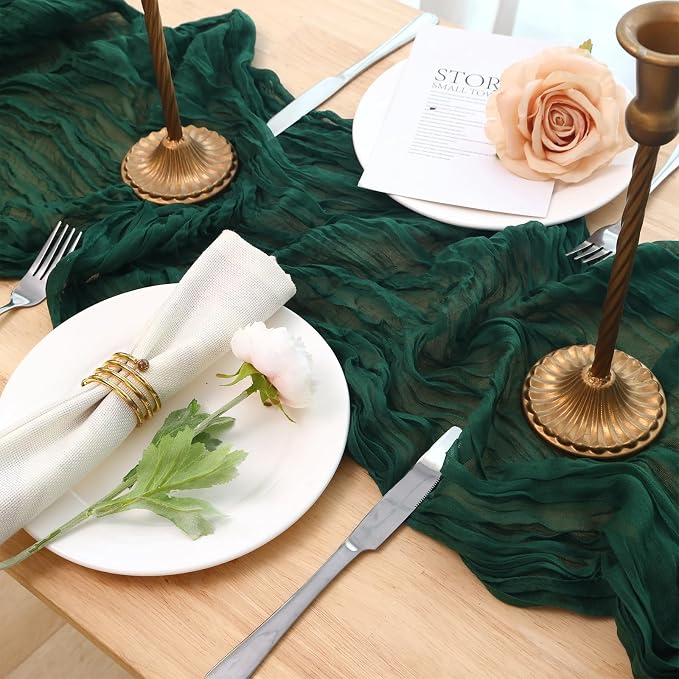 3 Pack Dark Green Cheesecloth Table Runner 120 Inch Boho Wedding Decor | - Image 5