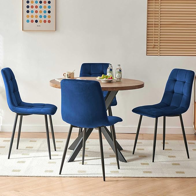 Kitchen Table Set for 4, Modern MDF Round Dining Table Set with 4 Navy Blue Dining Chairs, Upholstered Velvet Home Kitchen Chairs Armless for Space Saving