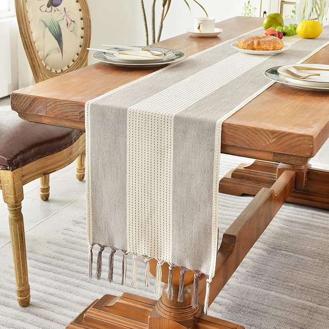 Wracra Linen Table Runner, Stripe Table Runners 72 Inches Long Coffee | - Image 5