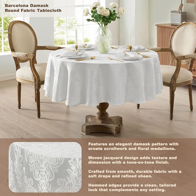 Newbridge Barcelona Luxury Damask Fabric Tablecloth, 90” Round, 100% Polyester - Image 2