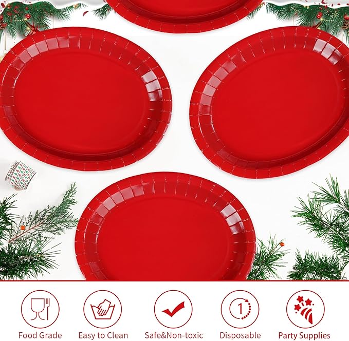 50 Pcs Red Oval Paper Plates 10"x12" Large Red Valentine's Day Plates Disposable Heavy Duty Valentines Day Platter for Chinese New Year Holiday Decorations Daily Dinner Wedding Birthday Party Supplies
