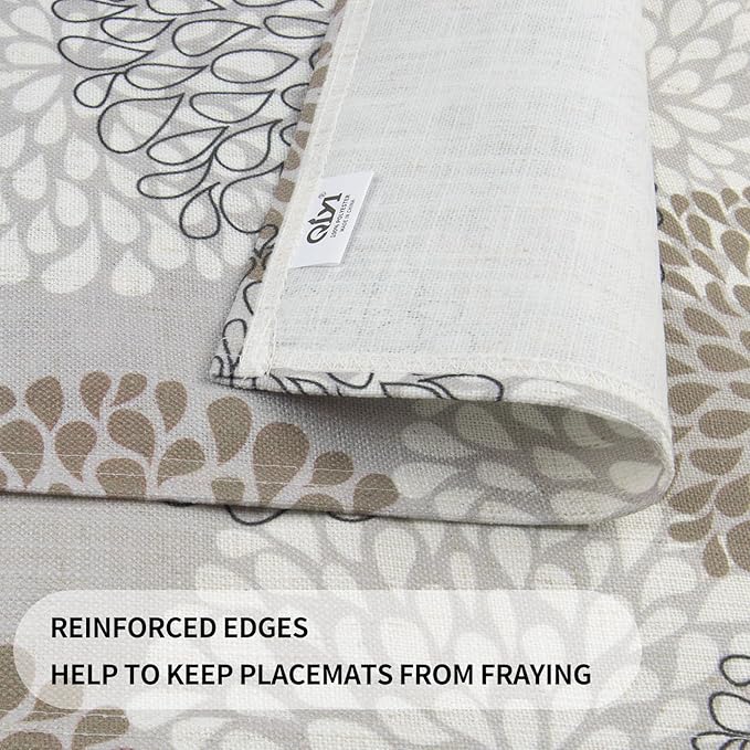 QIYI Boho Placemats Set of 6, 12x18 Inch Linen Fabric Place Mats for Kitchen Dinning, Farmhouse Rustic Floral Cloth Table Mats, Washable Placemat Party Table Décor, Brown Floral Burst