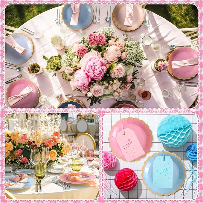 48 Pcs Pink Navy Blue Paper Plates 9 Inch Gradient Scalloped Paper Plates Disposable Dinner Dessert for Birthday Wedding Bridal Party Supplies, 6 Colors