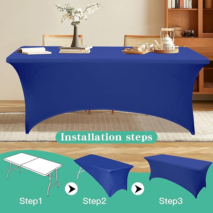 4FT Table Cloth for Rectangular Fitted Events Stretch Gemstone Blue Table Covers Washable Spandex Tablecloth Protector for Party, Wedding, Cocktail, Banquet, Festival