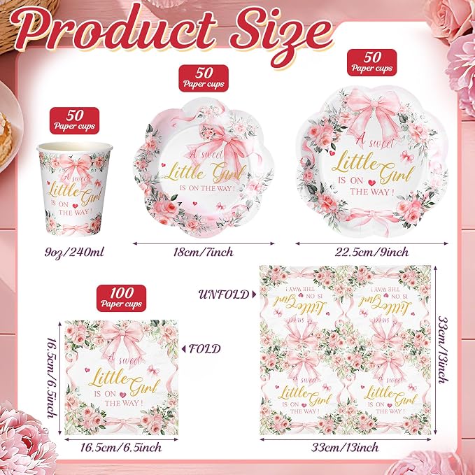 250 Pcs a Sweet Little Girl Is on The Way Baby Shower Plates Napkins | Pink Bow - Image 4