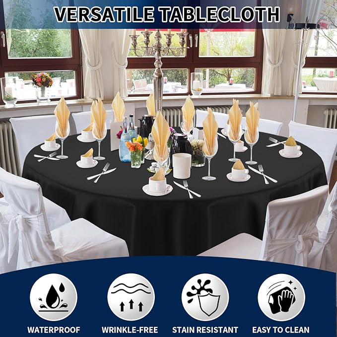 PureFit 10 Pack Round Black Table Cloths 90 Inch for Round Tables, Stain and Wrinkle Resistant Table Linens for Home Use, Wedding, Party, Banquet and Camping