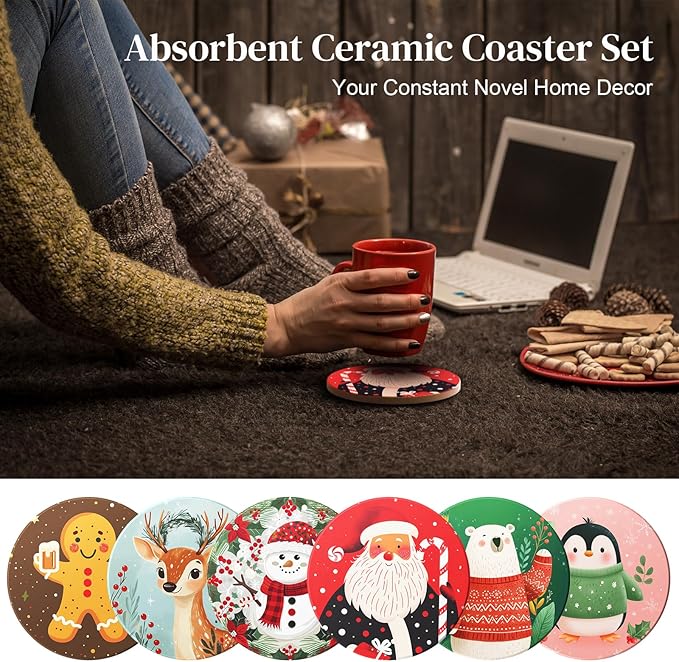 Christmas Coasters with Metal Holder Vintage Santa Drink Coasters Coasters Round Absorbent Ceramic Stone Coaster for Home Kitchen Table Decor Set of 6