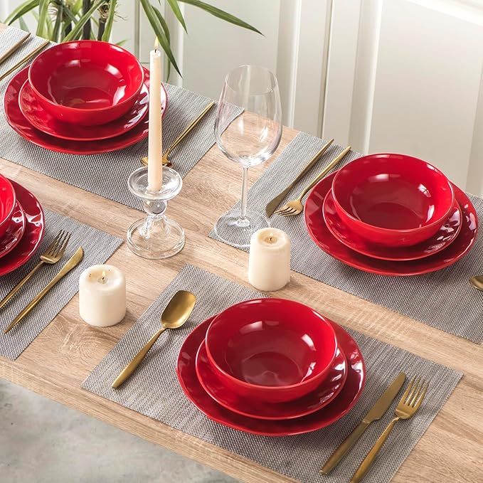 vicrays Ceramic Salad Bowls Set for Kitchen, Serving - 32 Ounce Soup Bowls, Pasta Bowls, Chip Resistant, Dishwasher Microwave Safe, Large, Fluted, stoneware, Set of 6 Red