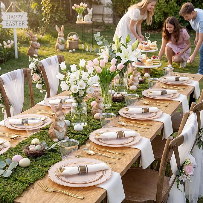 175PCS Pink plastic Plates - Pink Disposable Plates 25Guests Disposable Dinnerware Sets with Rolled Napkins for Wedding/Birthday/Easter/Baby Shower