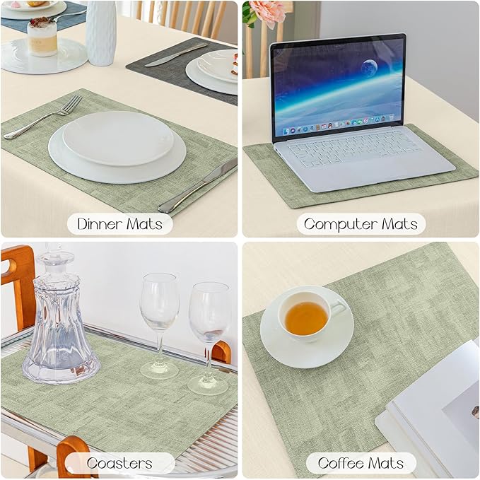 Romanstile Sage Green Placemats Set of 4, Vinyl 100% Waterproof Oil-Proof Wipeable Place Mats, Heat Resistant Dual Sided Table Mats for Kitchen/Dining/Party (Grey Green, 12 x 17 Inch)
