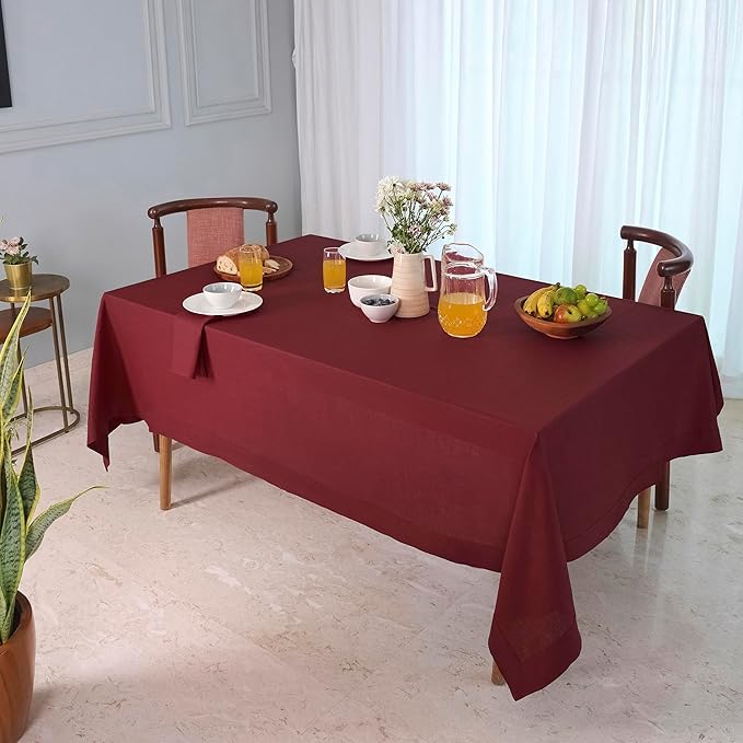 D'Moksha Homes Linen Tablecloth for Rectangle Tables 60 x 144 Inch - 100% Pure Linen Dark Red Table Cloth - Machine Washable Cloth Tablecloth for Valentines, Spring