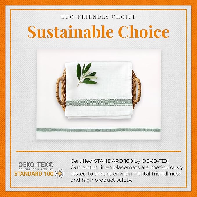 Premium Cloth Striped Placemats Set of 4 – 100% Soft Durable Jacquard Woven Cotton Table Placemats with Stain-Release Fabric – Machine Washable for Dining Table – Oregano Green, 20"x14"