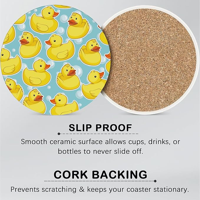 Drink Coasters for Drinks Set of 6,Cute Duck Absorbent Round Ceramic Stone Mat Coaster, with Cork Base and Metal Holder, Home Bar Decor House Warming Gift