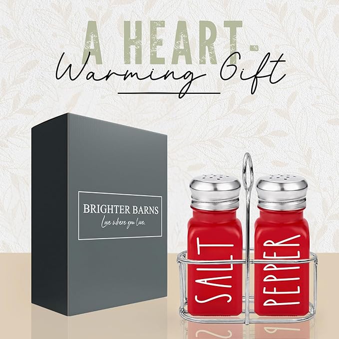 Red Salt and Pepper Shakers Set with Holder by Brighter Barns - Dining Table Decor, Modern Farmhouse Kitchen Decor - Christmas Salt and Pepper Shakers with Caddy for Restaurant, RV, Airbnb, Gift (Red)
