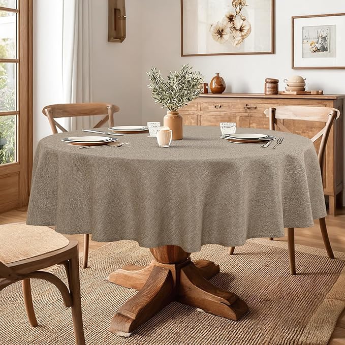 JIUZHEN Round Textured Table Cloth Linen Wrinkle Free Stain Resistant Farmhouse Decorative Circular Tablecloth for Kitchen, Dining, Party, Wedding, Outdoor Use (50 Inch Round,Khaki)