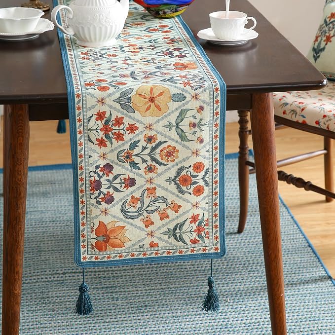 Designer French Linen Extra Long Table Runner, Colorful Floral Pattern - Image 2