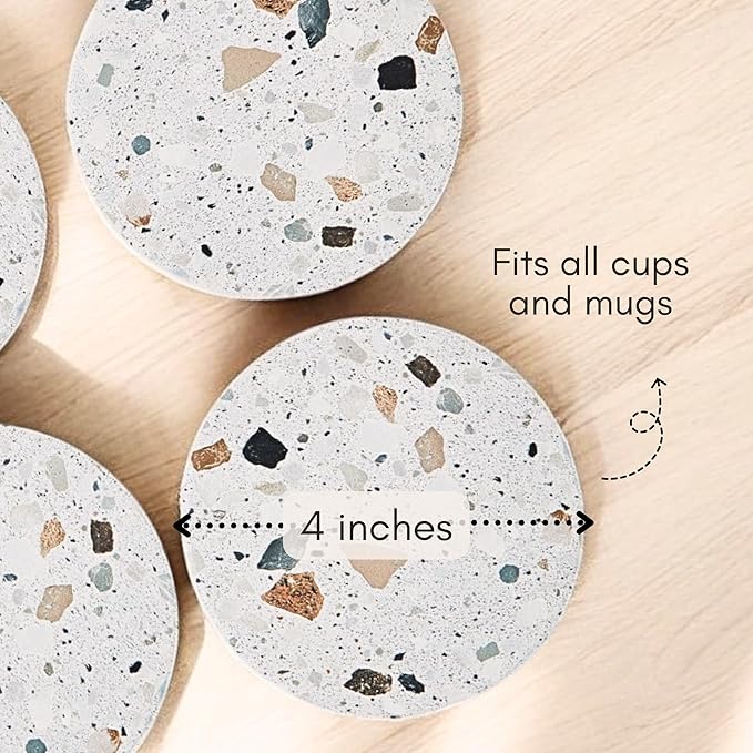 Terrazzo Coasters Set of 6, Ceramic Absorbent Drink Coasters, Cute Moisture Absorbing Coaster, Coffee Table Desk Decor, Colorful Stone Coaster for Drinks (Granite)