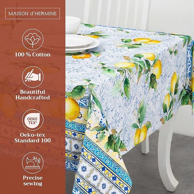 Maison d' Hermine Table Cloth Square Table 100% Cotton 60 x 60 Inches Tablecloth Reusable Decorative for Dining Room Farmhouse Home Valentines Day Decorations Spring Summer - Citrus