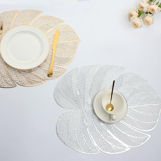 Evevda Silver Leaf Shaped Vinyl Placemats for Dinner Table Set of 6 Metallic Plastic Place Mats Wipeable 6Pcs Table Mats for Wedding Annersary Dinner Table Decoration Mats(17.7x13.8inch/45x35cm)