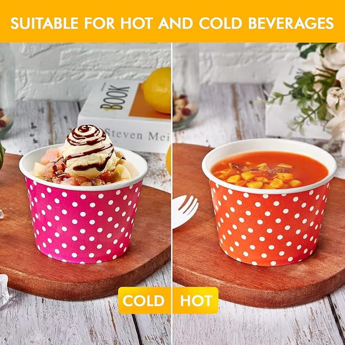 LITOPAK 150 Pack 8 oz Ice Cream Cups, Disposable Dessert Cups for Cold or Hot Food, Coloured Paper Dessert Bowls for Soups, Sundaes, and Ice Cream