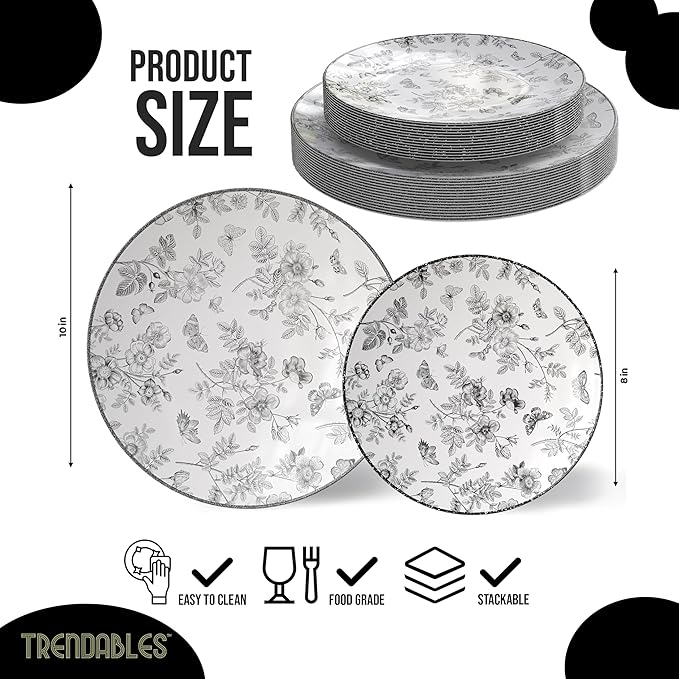 Trendables Disposable Plates For Party Supplies | Black Floral Plastic Plates For Wedding 80 Pcs - 40 X 8 & 40 X 10 Dinner Plate Sets | Floral Plate Set Disposable Plastic Dinnerware Sets