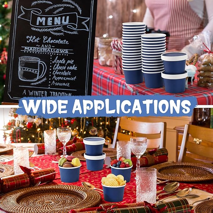 Fulmoon 100 Pack Paper Soup Containers with Lids Disposable Paper Food Containers with Vented Lid Kraft Ice Cream Cake Dessert Cups Soup Bowl for Party Hot Food Fruit Microwave(8 oz,Navy Blue)