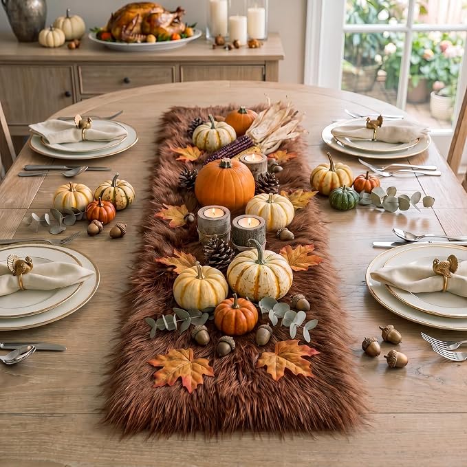 Irenare Fall Thanksgiving Table Runner Terracotta Decor Small Luxury Faux Fur - Image 4