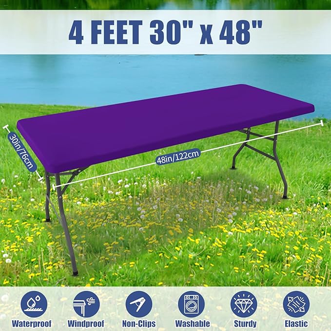 Spandex 4 Foot Rectangle Table Cloth 2 Pack, Elastic Fitted Tablecloths for Picnic, Stretch Washable Patio Table Cover for Outdoor, Camping, Banquet and Parties (Purple, 30"x48")