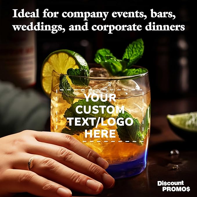 DISCOUNT PROMOS Custom Whiskey Glasses 10 oz Set of 10/50/100, Personalized Bulk Pack - Heavy Base Old Fashioned Glass, Perfect for Scotch, Bourbon, Whiskey, Cocktail - Blue Bottom Color