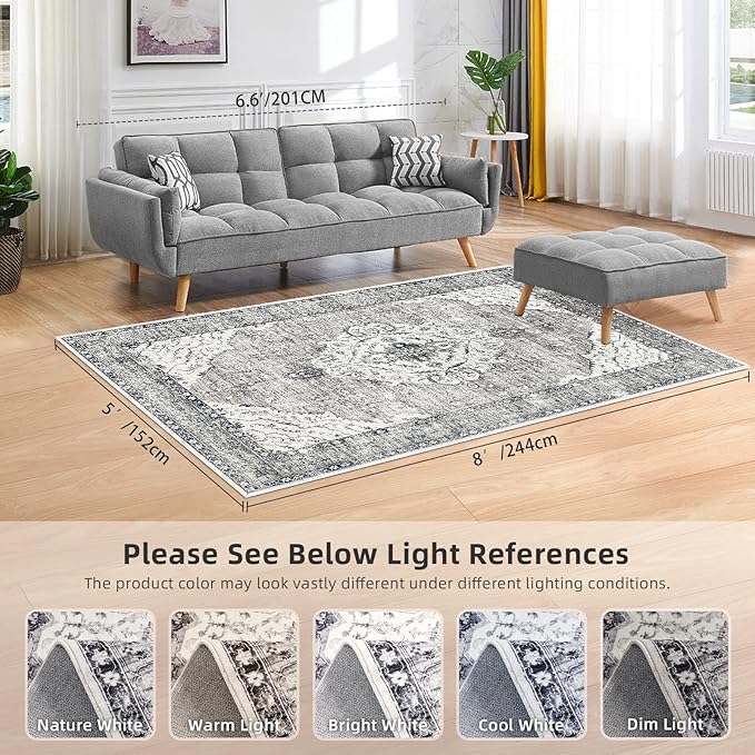 Deerly 5x8 Rugs for Bedroom Living Room - Machine Washable Rugs Large Non-Slip Family & Pet Friendly Area Rugs Carpet Oriental Neutral Print Floor Rug Border Grey/Navy