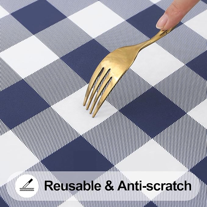 Smiry Rectangle Picnic Table Cloth, Elastic Waterproof Fitted Vinyl Tablecloths, Flannel Backed Buffalo Plaid Table Covers for Dining, Camping, Outdoor (White and Navy, 30" x 60")