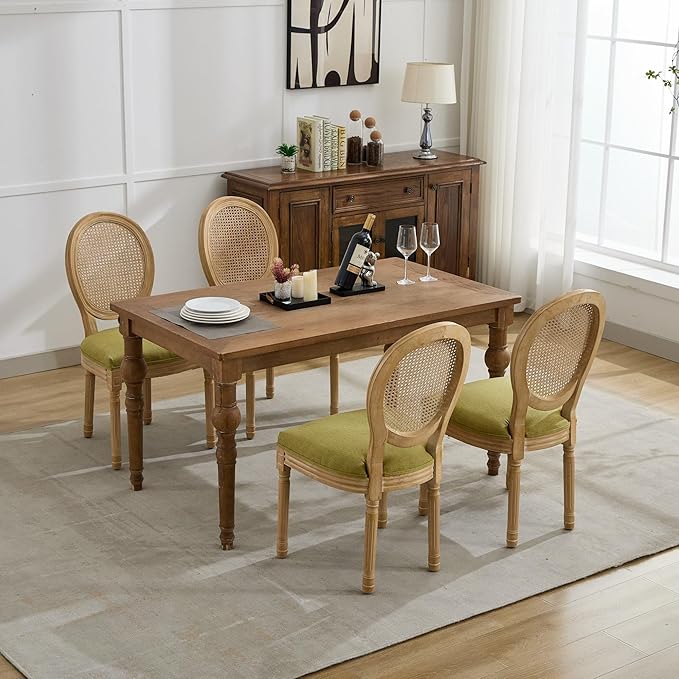 Vintage French Rattan Dining Chairs Set of 8, Round Back Accent Chairs with Rattan Backrest and Upholstered Linen Seat, Solid Frame Wood Sillas de Comedor for Dining Room & Kitchen, Olive Green