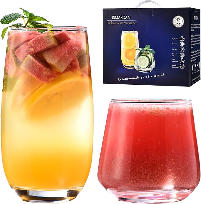Drinking Glasses Set of 12-6 Tall Glass Cups 17 oz and 6 Short Stemless Wine Glasses 10 oz,Glass Sets for Drinking,Glassware Sets,Drinkware Glasses Set,Mojito Glass, Gift Box Set
