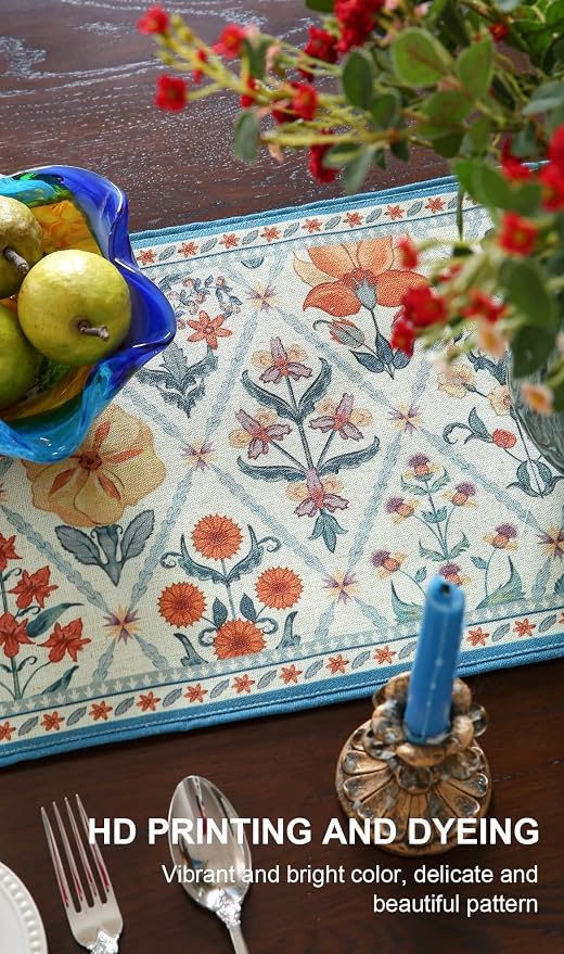 Designer French Linen Extra Long Table Runner, Colorful Floral Pattern - Image 4
