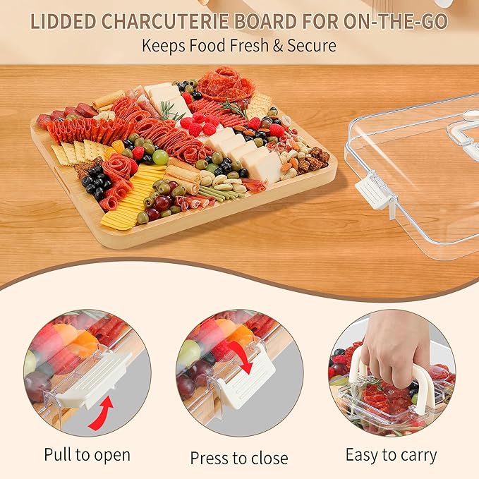 Portable Travel Charcuterie Board with Lid and Handle - Large Bamboo Cheese Board with 4 Cheese Knife Set for Outdoor, Picnics - Weddings, House Warming Gift for Women (1 Compartment, White)