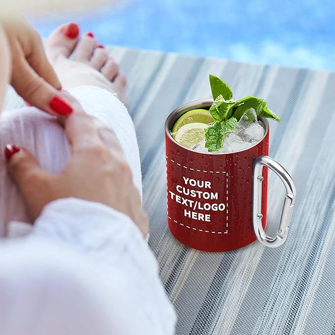 Custom Stainless Steel Mugs with Carabiner Handle 10 oz. Set of 10, Personalized Bulk Pack - Perfect for Coffee, Soda, Other Hot & Cold Beverages - Red