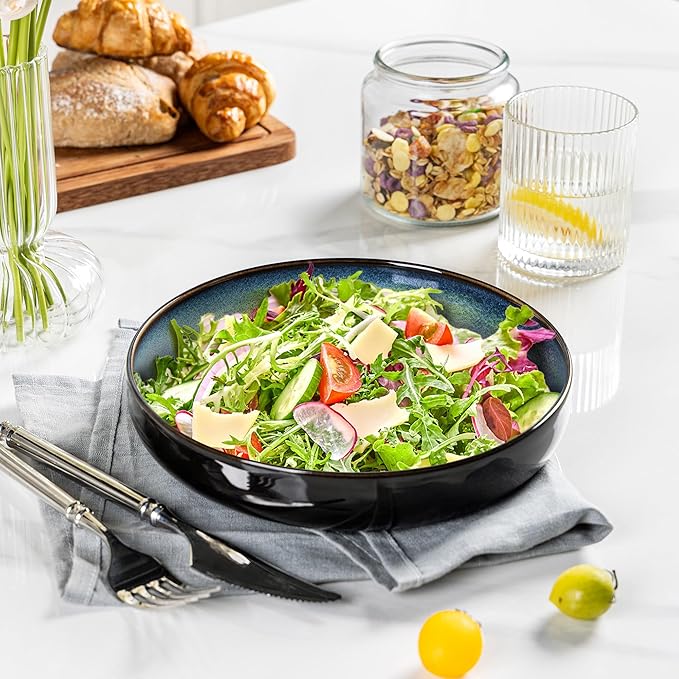 LERATIO 8.5'' Large Ceramic Pasta Bowls, 36oz Pasta Serving Bowls Set of 4 for Kitchen, Wide Bowls for Fruit,Pasta,Salad,Oatmeal,Meal, Microwave Safe, Reactive Glaze-Gray White