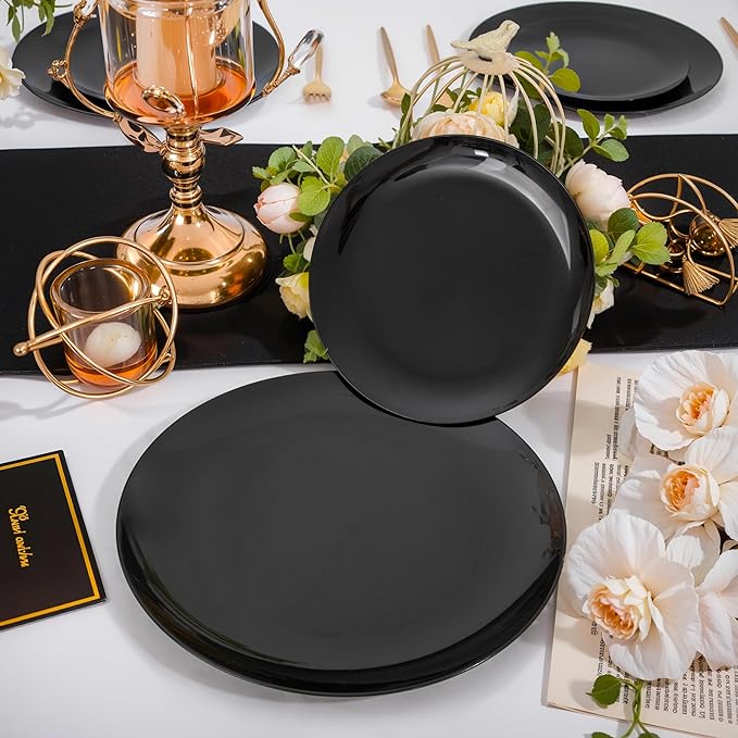 I00000 200 PCS Black Plastic Plates for 100 Guests Include: 10.25 inch 100 Pieces Dinner Plate and 7.5 inch 100 Pieces Dessert Plate, Premium Plastic Plates Perfect for Birthday, Wedding & Party
