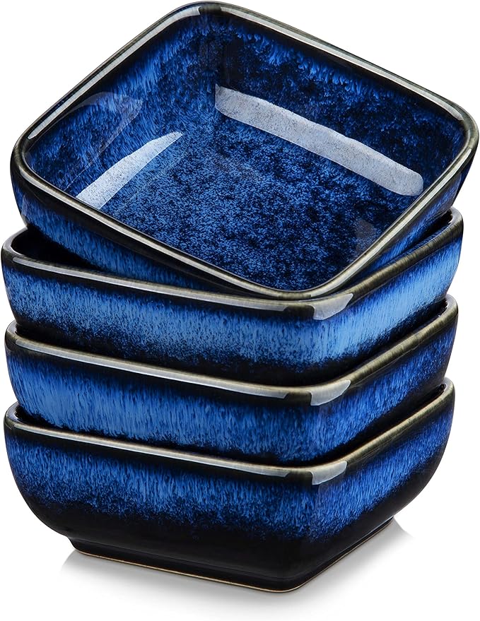 vancasso Stern 6 Oz Dipping Bowls, 3.7 Inches Ceramic Soy Sauce Dish, Square Side Dishes, Small Appetizer Plates Set of 4