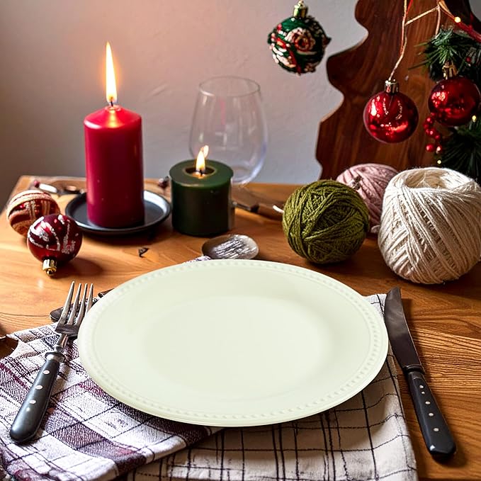 Melamine Beaded Appetizer/Salad/Dessert/Side Plates, Cream, Set of 6, 8.5 inch, Platter, Serving Dishes, Kid-Friendly, Chip and Break-Resistant, Durable, for Indoor and Outdoor, Dishwasher Safe