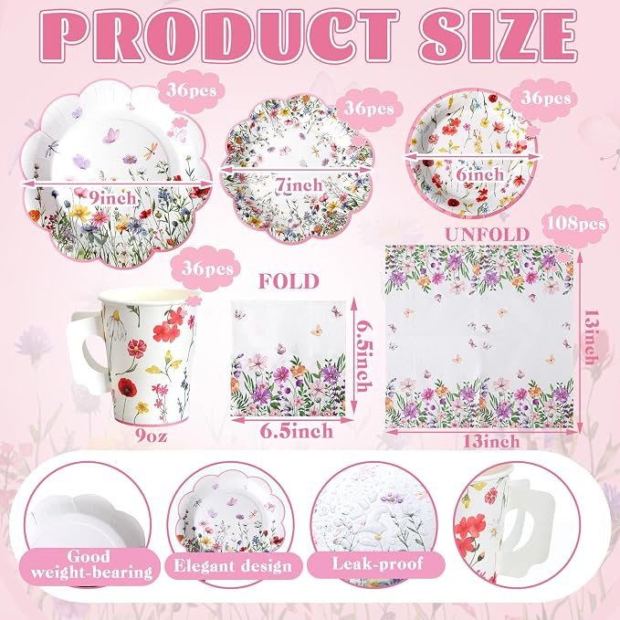 Pickmesh 252 Pcs Floral Tea Party Supplies - Image 2